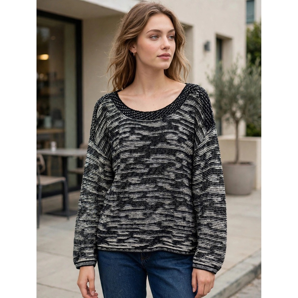 Eileen Fisher Woman 3X Organic Cotton Space Dye Sweater Black White Scoop Neck